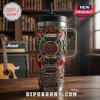 Slayer band tumbler with guitar and lightning graphics featuring Reign in Blood text on a stainless steel cup!