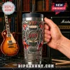 Stainless steel tumbler featuring Slayer logo, guitar hardware, and Reign In Blood text with red lightning and gear motifs!