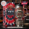 Slayer band Yeti tumbler with red and black tie-dye print, guitar motifs, and Reign In Blood text on a metal cup.!