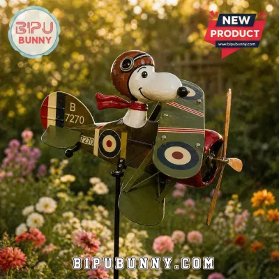 Snoopy Pilot Biplane Vintage Kinetic Garden Wind Spinner Stake