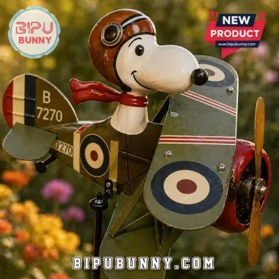 Snoopy Pilot Biplane Vintage Kinetic Garden Wind Spinner Stake