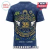 Blue Sonic the Hedgehog 35th Anniversary t-shirt with gold graphic design featuring rings, diamonds, and game levels!