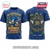Blue Sonic the Hedgehog 35th Anniversary graphic tee featuring retro video game elements and text 1991-2026!