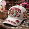 White distressed South Carolina Gamecocks hat with surfing rooster, palm trees, sun graphic, and 'FEAR THE BEACH' text!