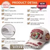 White distressed baseball cap, red accents, cartoon surfing Gamecock,