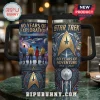 Star Trek 60th anniversary tumbler with space graphics, crew characters, and gold insignia on blue metallic background!