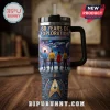 Stainless steel tumbler with Star Trek theme text 60 Years of Exploration, crew figures, spaceship, and delta emblem!