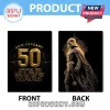 Black Star Wars 50th Anniversary wallet with gold text and Darth Vader silhouette with golden glow and geometric pattern!