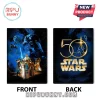 Star Wars vintage movie poster style art with Darth Vader, Luke, Leia, Han, Obi-Wan; gold '50 STAR WARS' text on back!