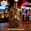 Steampunk style liquor bottle with brass gears and metallic pipes on a bar counter with glowing yellow light inside!