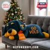 Plush blue dog pillow with orange scarf featuring GO VOLS and T logo and personalized name Charlie on grey sofa!