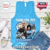 Light blue tank top featuring Pep Guardiola photo collage with Manchester City trophies and text Thank You Pep.!