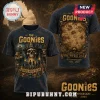 Dark navy t-shirt featuring The Goonies 41st anniversary graphic with a skull, pirate map, and movie text.!