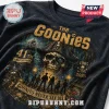 Black vintage tee with gold Goonies 41st anniversary graphic featuring a skull pirate captain ship and text.!