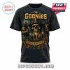 Black graphic tee with The Goonies 41st anniversary skull design pirate theme and text Goonies Never Say Die!