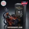Kraken Black Spiced Rum bottle with octopus tentacles and black box with gold text on dark background!