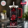 Black Stanley tumbler with red Rolling Stones logo, shattered glass effect, and band signatures in white text!
