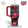 Black Stanley tumbler with red handle featuring Rolling Stones logo and signatures in a crystal broken glass style design!