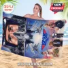 Top Gun 40th anniversary beach towel featuring fighter jets and Tom Cruise movie character illustrations!