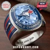 Toronto Blue Jays championship ring with blue gem, red maple leaf logo, and 2026 text on silver metal band!