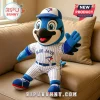 Plush Blue Jays baseball mascot toy wearing pinstripe uniform and cap on a beige sofa!