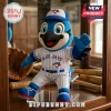 Blue Jays mascot plush toy wearing a white pinstripe baseball uniform and blue cap inside a glass display case!