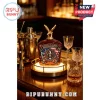 USA 250th Anniversary glass whiskey bottle with bald eagle artwork and gold eagle stopper on a lit bar tray!