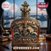 US Navy Shellback whiskey bottle featuring King Neptune trident graphic gold anchor cap and embossed nautical detail!