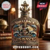 Decorative US Navy Shellback whiskey bottle with gold anchor topper, Neptune illustration, and intricate nautical carvings!