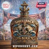 Decorative US Navy liquor bottle featuring Neptune, anchor topper, gold and blue embossed detail, and patriotic US flags!