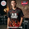 Black and red R&B RAYMOND & BROWN baseball jersey with two male artists, NIKE swoosh, and 