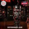 Van Halen tumbler with iconic red white and black striped pattern and band logo graphic on a dark background!