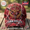 Red and black striped trucker hat featuring Van Halen logo text and And The Cradle Will Rock embroidery!