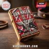 Gold metal Zippo style lighter, red black white striped Frankenstein guitar design, silver VH logo, 