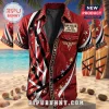 Red denim short sleeve shirt featuring Van Halen logo stars and classic rock text on a tropical beach background!