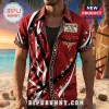 Red button-down shirt with Van Halen branding and star patterns worn on a beach background!
