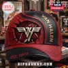 Red and black baseball cap featuring a cracked texture and gold 'VH' logo! Gold 'VAN HALEN' text and 'EST. 1972' on brim!