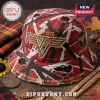 Distressed red, white, black striped bucket hat with embroidered gold 
