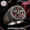 Detailed silver ring with red and black striped design, clear gemstones, VH logo, VAN HALEN text, and 1972! Features guitar and amp!