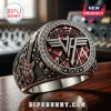 Silver Van Halen VH logo ring, red black striped design, clear crystal border, guitar and amp details, text 1972!