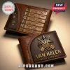 Brown leather rock band wallet with gold 'LEGEND EST. 1972' and 'VAN HALEN ROCK LEGENDS' text, VH logo, microphone, and guitars!