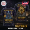Watchmen 40th anniversary t-shirt featuring Dr Manhattan, atom symbol, smiley face, and urban decay in gold and blue print!