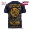 Black Watchmen 40th anniversary t-shirt with atomic symbol, mushroom cloud, clock, and The Accumulated Filth Will Foam Up text!