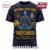 Watchmen 40th anniversary black galaxy tee featuring Dr Manhattan, atom symbol, bloody smiley, and clock tower graphic!