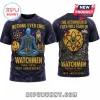 Watchmen 40th anniversary black t-shirt with Dr Manhattan graphic, yellow smiley face, and atomic symbols in retro style!