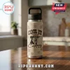 Beige water bottle, black lid, rustic design of dog in cowboy hat, brown paw prints, text 