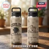 Beige stainless water bottles, paw print pattern! Retro Newfoundland dog in cowboy hat illustration, text COOL IT Cowboy! Script text Stay Pawsitive Your Name!