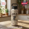 Beige water bottle, black dog in cowboy hat, paw print pattern, retro style text 
