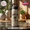 Beige rustic tumbler with black lid, silver base, black dog in cowboy hat, paw prints, text 