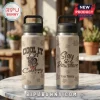 Beige insulated water bottles with paw print pattern. Left: 